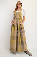 Easel Plaid Pattern Overalls in Olive Mix