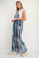 Easel Plaid Pattern Overalls in Denim Mix