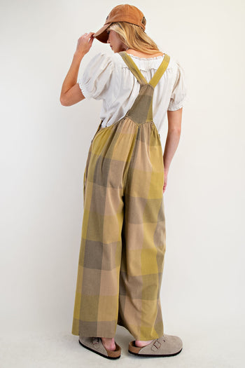 Easel Plaid Pattern Overalls in Olive Mix
