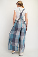Easel Plaid Pattern Overalls in Denim Mix