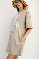 Easel Boho T-Shirt Dress with Mixed Print Sunflower Patch Front in Faded Sage