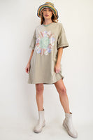Easel Boho T-Shirt Dress with Mixed Print Sunflower Patch Front in Faded Sage