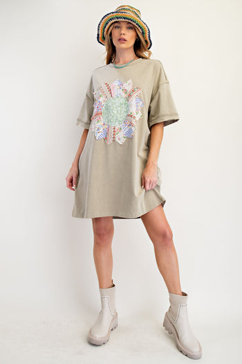 Easel Boho T-Shirt Dress with Mixed Print Sunflower Patch Front in Faded Sage