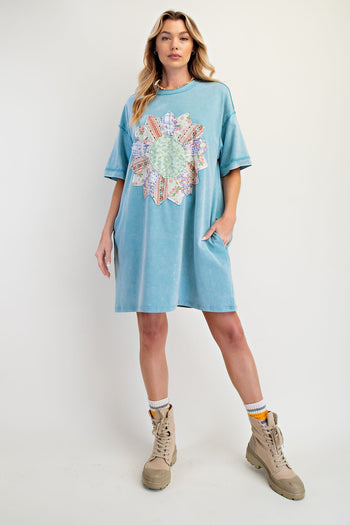 Easel Boho T-Shirt Dress with Mixed Print Sunflower Patch Front in Turquoise Blue