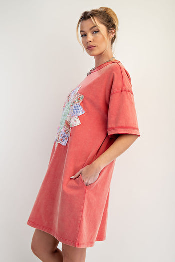 Easel Boho T-Shirt Dress with Mixed Print Sunflower Patch Front in Boho Red