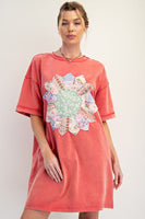 Easel Boho T-Shirt Dress with Mixed Print Sunflower Patch Front in Boho Red