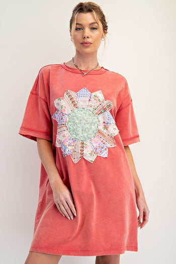 Easel Boho T-Shirt Dress with Mixed Print Sunflower Patch Front in Boho Red