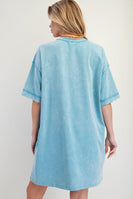 Easel Boho T-Shirt Dress with Mixed Print Sunflower Patch Front in Turquoise Blue