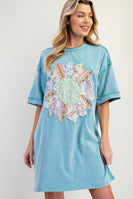 Easel Boho T-Shirt Dress with Mixed Print Sunflower Patch Front in Turquoise Blue