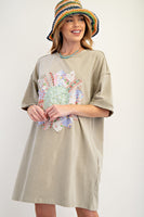 Easel Boho T-Shirt Dress with Mixed Print Sunflower Patch Front in Faded Sage