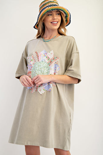Easel Boho T-Shirt Dress with Mixed Print Sunflower Patch Front in Faded Sage