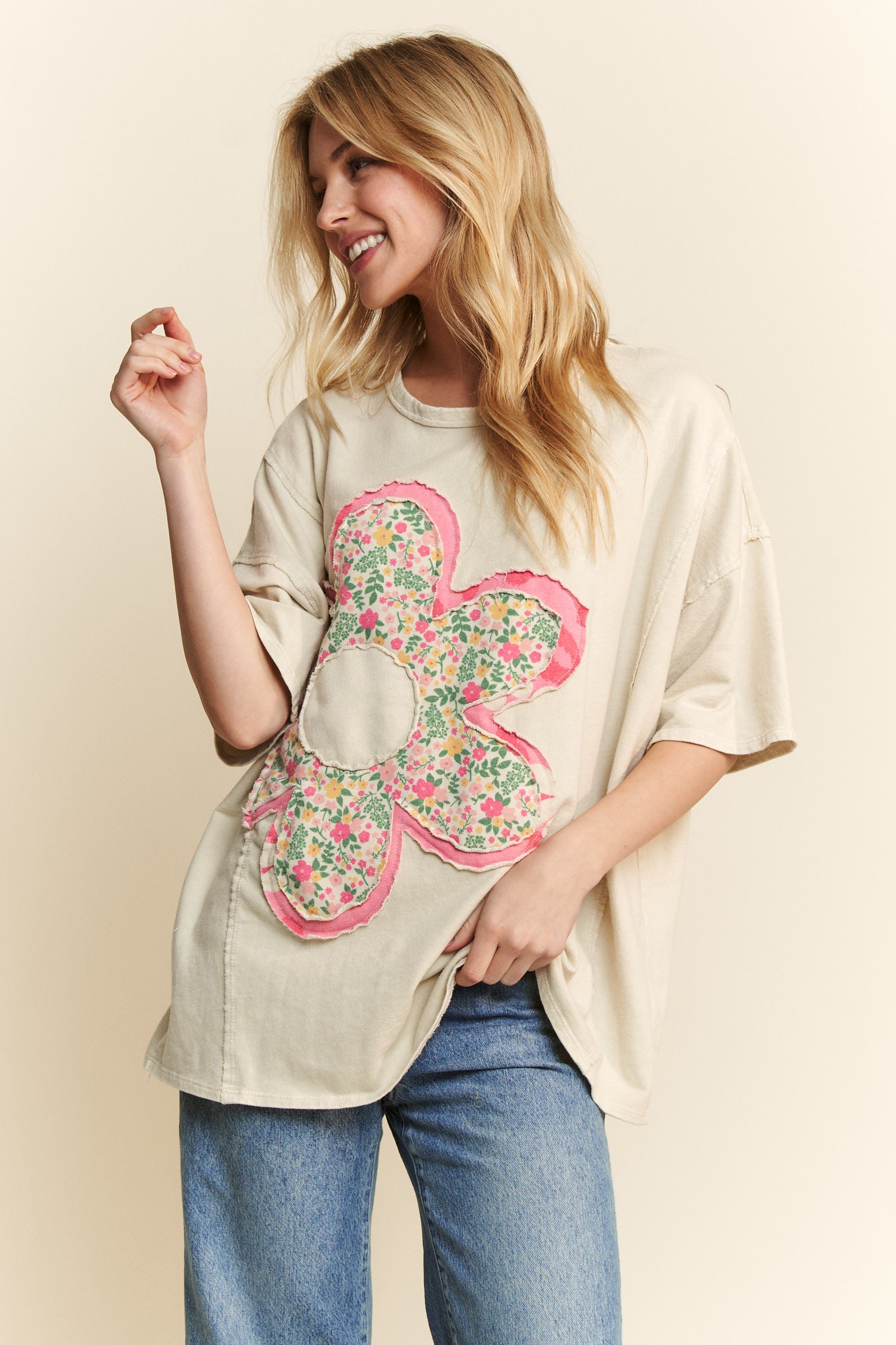 J.Her Mineral Washed Mixed Floral Flower Patch Top in Natural