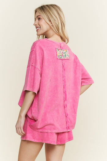 J.Her Mineral Washed Mixed Floral Flower Patch Top in Hot Pink