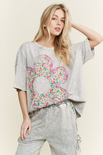 J.Her Mineral Washed Mixed Floral Flower Patch Top in Silver Grey