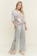 J.Her Mineral Washed Mixed Floral Flower Patch Top in Silver Grey