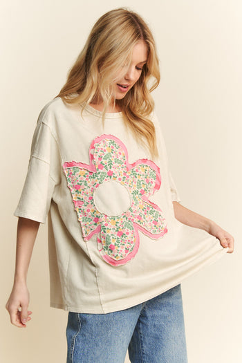 J.Her Mineral Washed Mixed Floral Flower Patch Top in Natural