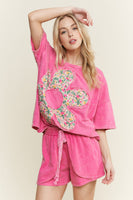 J.Her Mineral Washed Mixed Floral Flower Patch Top in Hot Pink