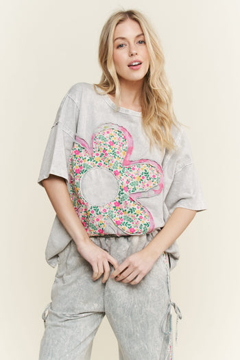 J.Her Mineral Washed Mixed Floral Flower Patch Top in Silver Grey