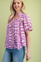 GiGio Printed Top with Contrasting Color Piping Details in Lavender