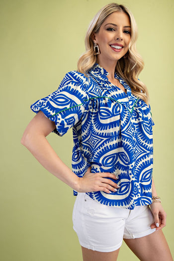 GiGio Printed Top with Contrasting Color Piping Details in Blue