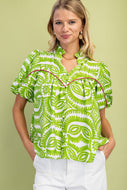 GiGio Printed Top with Contrasting Color Piping Details in Green