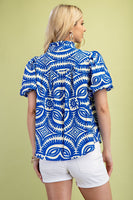 GiGio Printed Top with Contrasting Color Piping Details in Blue