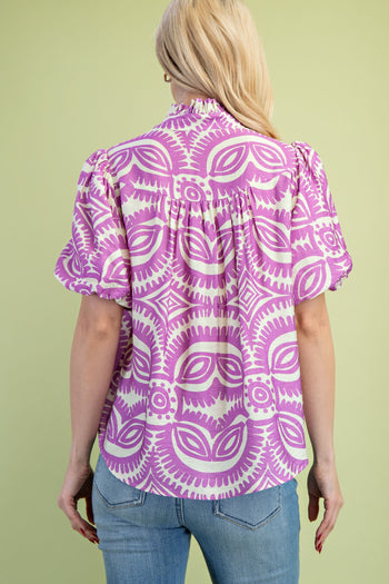 GiGio Printed Top with Contrasting Color Piping Details in Lavender
