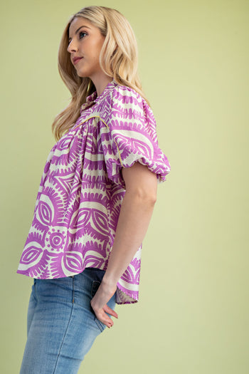 GiGio Printed Top with Contrasting Color Piping Details in Lavender