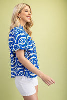 GiGio Printed Top with Contrasting Color Piping Details in Blue
