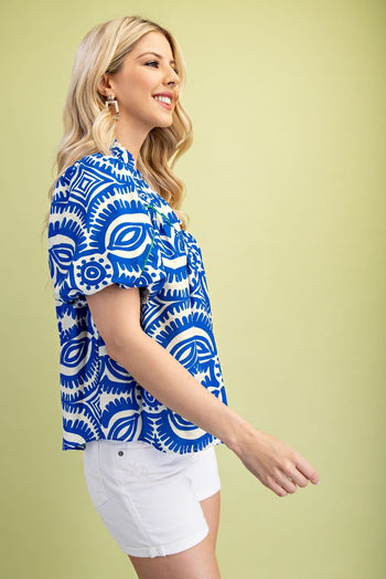 GiGio Printed Top with Contrasting Color Piping Details in Blue