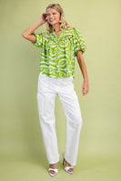 GiGio Printed Top with Contrasting Color Piping Details in Green