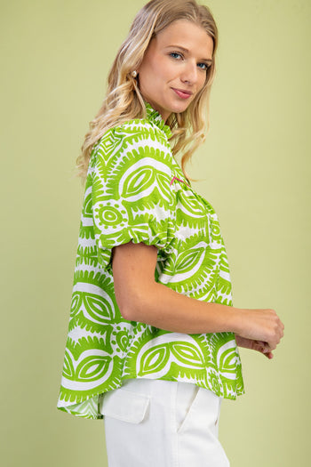 GiGio Printed Top with Contrasting Color Piping Details in Green