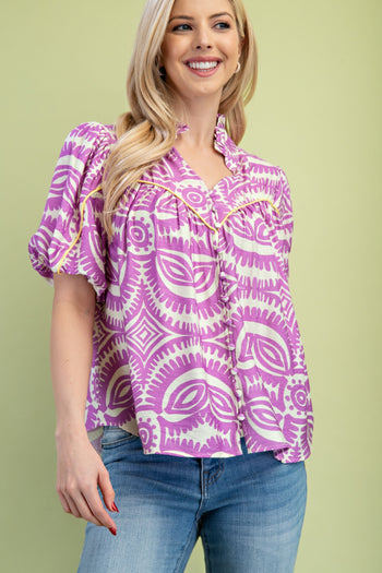 GiGio Printed Top with Contrasting Color Piping Details in Lavender