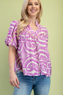 GiGio Printed Top with Contrasting Color Piping Details in Lavender