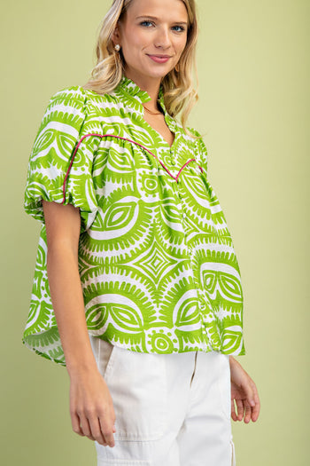 GiGio Printed Top with Contrasting Color Piping Details in Green