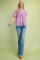 GiGio Printed Top with Contrasting Color Piping Details in Lavender