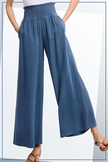 La Miel Linen Blend Smocked High Waist Pants in Denim