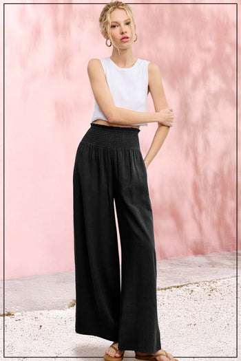 La Miel Linen Blend Smocked High Waist Pants in Black
