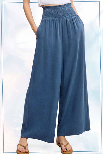 La Miel Linen Blend Smocked High Waist Pants in Denim