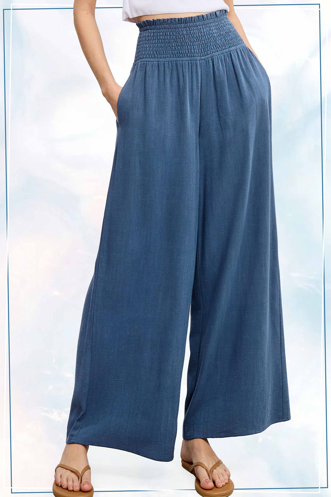 La Miel Linen Blend Smocked High Waist Pants in Denim