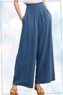 La Miel Linen Blend Smocked High Waist Pants in Denim