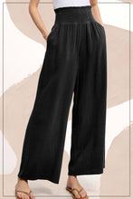 Load image into Gallery viewer, La Miel Linen Blend Smocked High Waist Pants in Black
