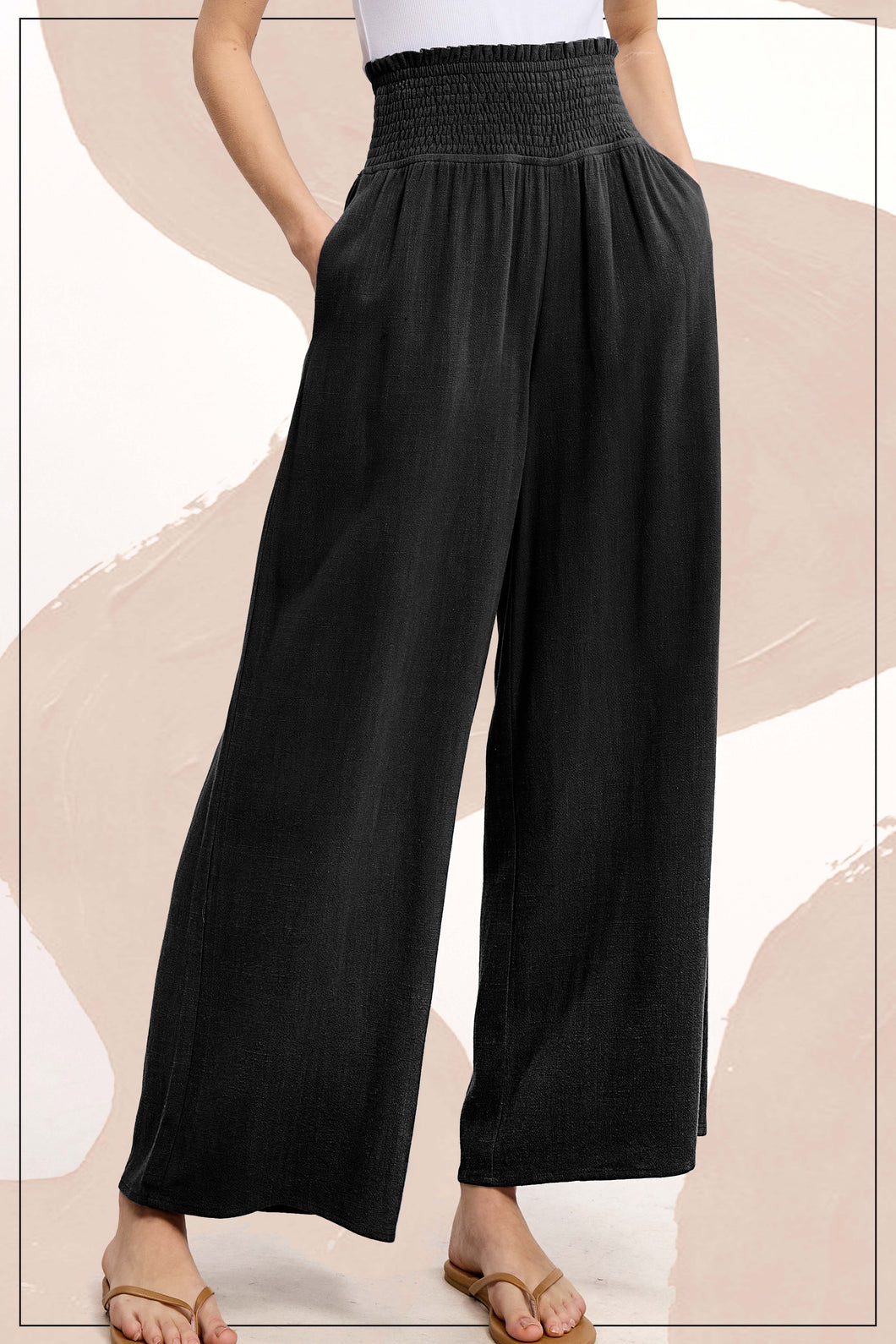 La Miel Linen Blend Smocked High Waist Pants in Black