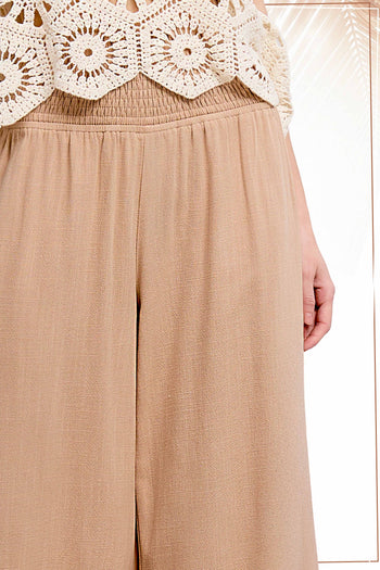 La Miel Linen Blend Smocked High Waist Pants in Khaki