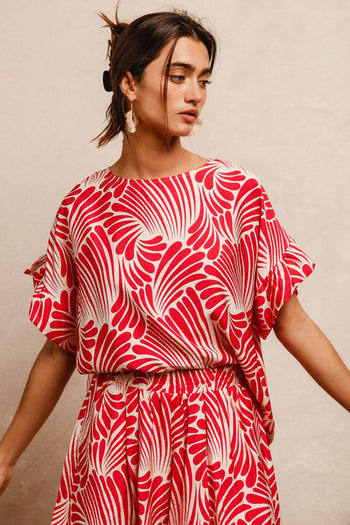 BiBi Two Toned Printed Woven Top in Fuchsia