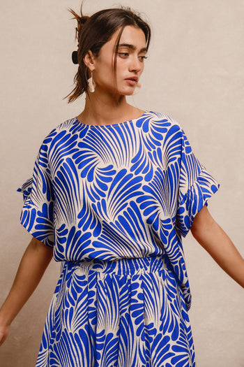 BiBi Two Toned Printed Woven Top in Royal