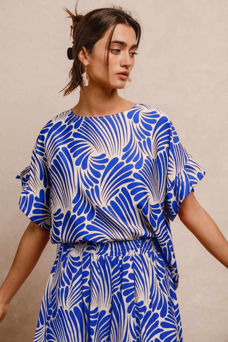 BiBi Two Toned Printed Woven Top in Royal