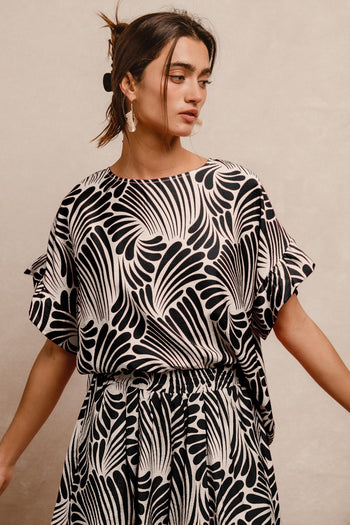 BiBi Two Toned Printed Woven Top in Black