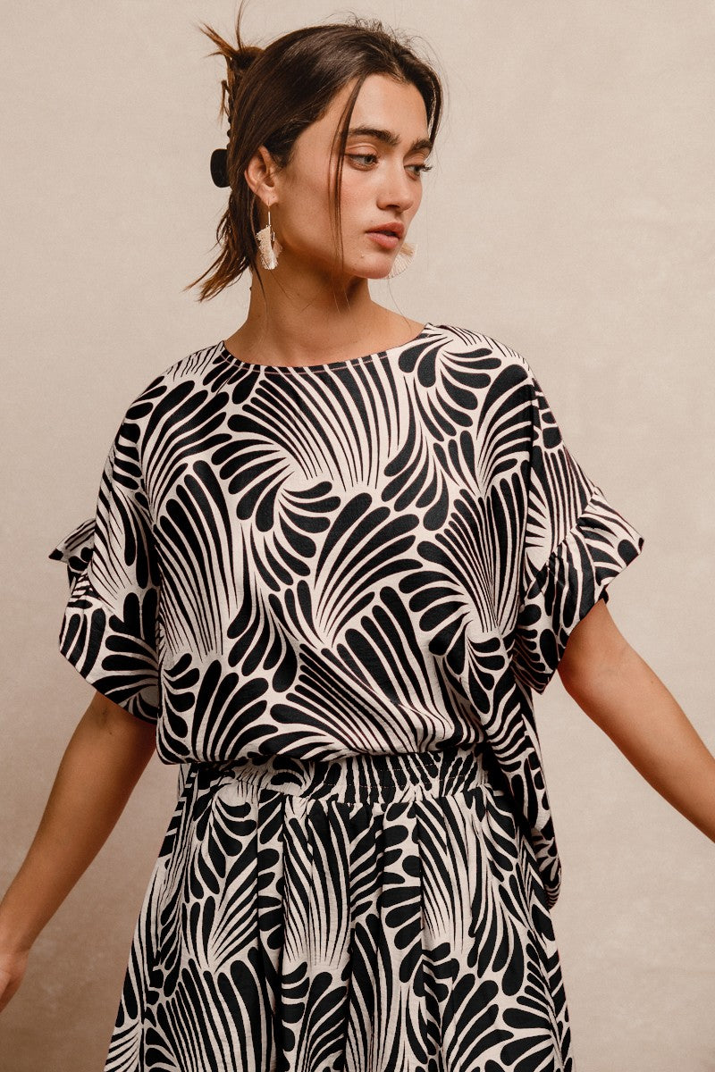 BiBi Two Toned Printed Woven Top in Black