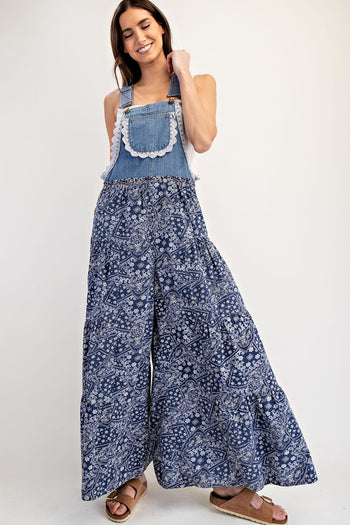 ee:some Contrasting Print Tiered Jumpsuit in Denim